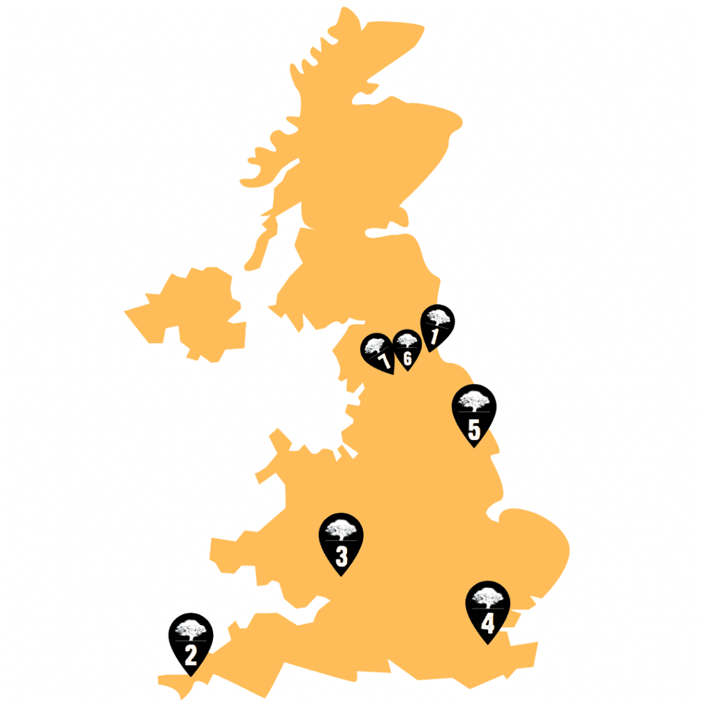 Gran Bretaña de color naranja con chinchetas negras que indican los lugares de visita. 
